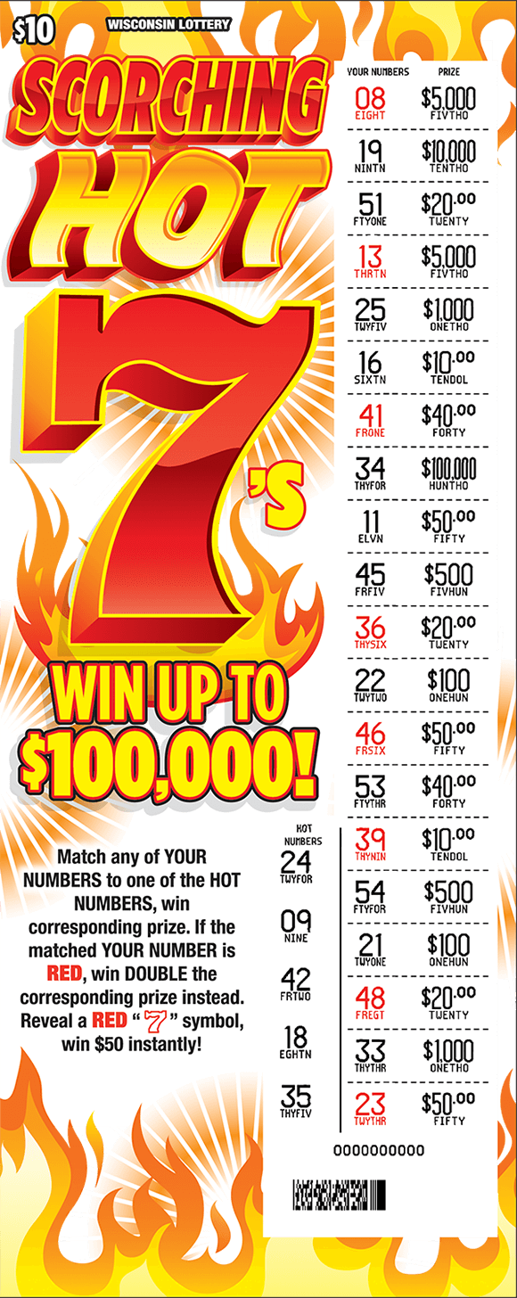 white background with red and orange flames coming from the top and bottom with scorching hot 7s written in large orange and red text to the left with play area scratched to reveal numbers and prize amounts on scratch ticket from wisconsin lottery