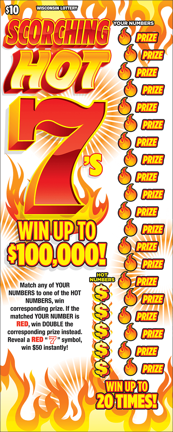 white background with red and orange flames coming from the top and bottom with scorching hot 7s written in large orange and red text to the left with play area on the right having fireballs with prize written next to each one going top to bottom on scratch ticket from wisconsin lottery