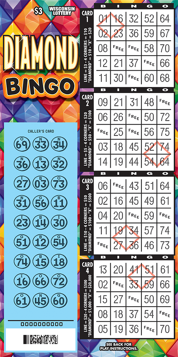 bingo game with four bingo cards scratched on right side of ticket with colorful diamonds on the left side scratched to reveal numbers in callers card on scratch ticket from wisconsin lottery