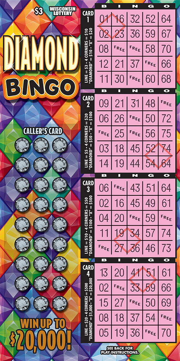 bingo game with four bingo cards on right side of ticket with colorful diamonds on left and small circle silver diamonds in callers card area on scratch ticket from wisconsin lottery
