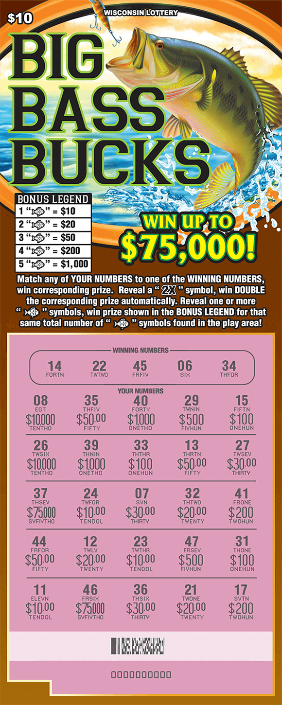 image of circular boat window with a hook coming down from the top and a bass jumping at the hook in front of blue and green water splashing with play area scratched to reveal winning numbers and prize amounts on scratch ticket from wisconsin lottery