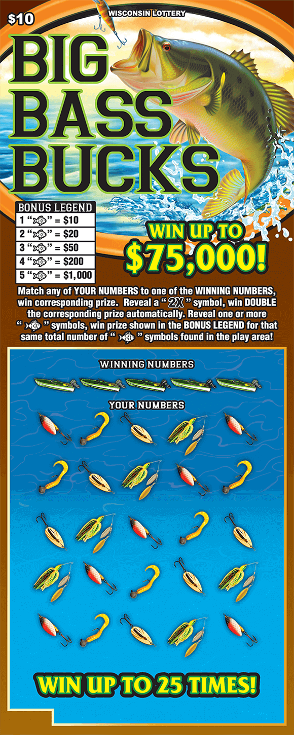 image of circular boat window with a hook coming down from the top and a bass jumping at the hook in front of blue and green water splashing with play area showing various hooks and bobbers on scratch ticket from wisconsin lottery