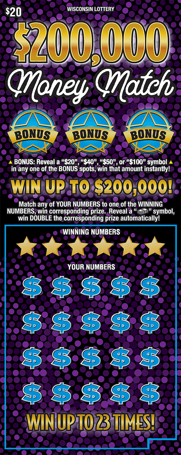 various shades of purple polka dots on background of ticket with three blue bonus areas at the top with gold detailing and a play area below with gold stars over the winning numbers and blue dollar signs in play area on scratch ticket from wisconsin lottery