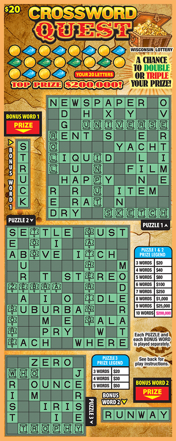treasure map crossword ticket designed to look like an old scroll with a chest of gold coins in the top right corner and colorful gems in the your letters area with three light and dark green crossword puzzles on crossword quest ticket from the wisconsin lottery