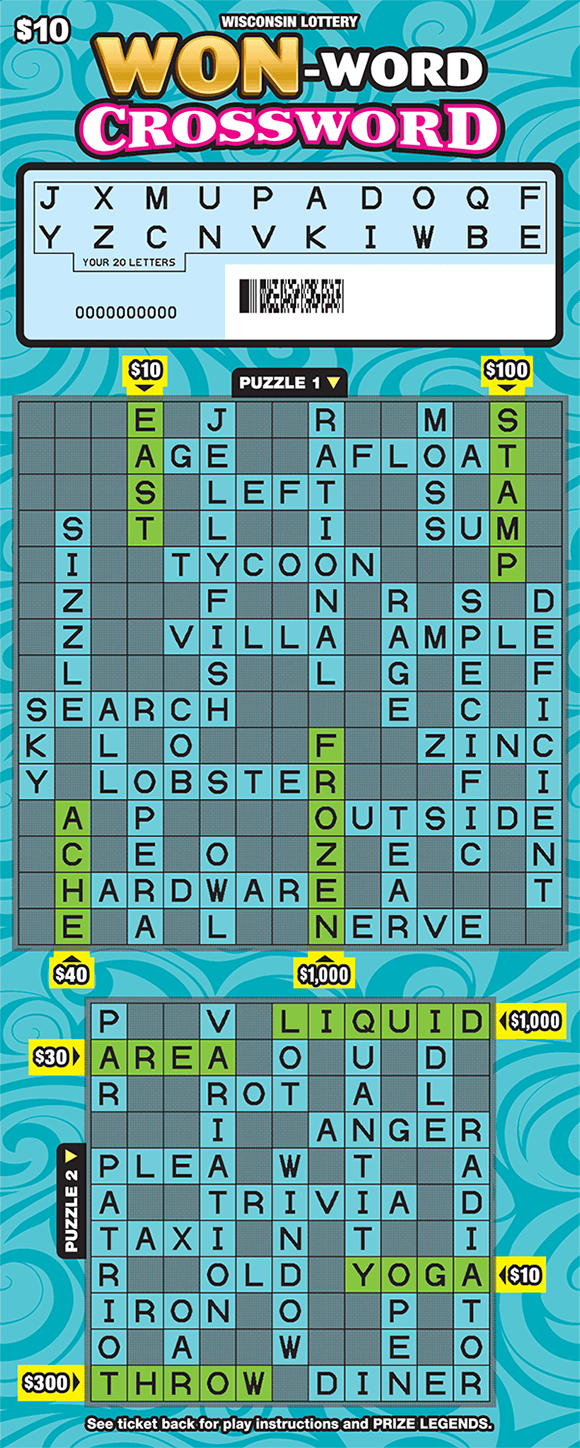 light and dark teal swirls on background of crossword ticket scratched to reveal the letters in your letters area and two crossword puzzles below on scratch ticket from wisconsin lottery