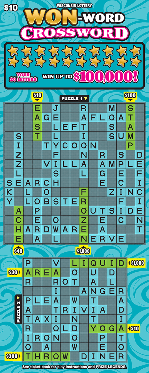 light and dark teal swirls on background of crossword ticket with gold stars in the your letters area and two teal crossword puzzles on scratch ticket from wisconsin lottery