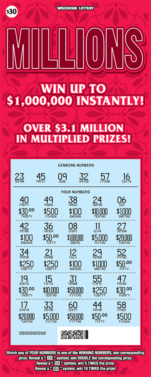 bright red ticket with darker flower pattern repeated over background scratched to reveal numbers and prize amounts in play area on scratch ticket from wisconsin lottery