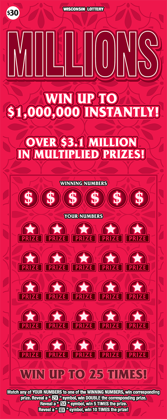 bright red ticket with darker flower pattern repeated over background with dollar signs in circles in the winning numbers area and stars in circles in the your numbers area on scratch ticket from wisconsin lottery