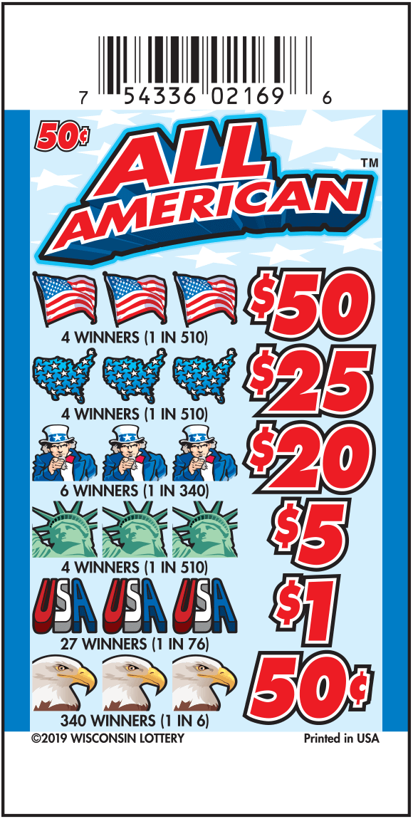 red, white and blue game with patriotic icons flags, blue USA map, uncle sam, statue of liberty and eagle on All American pull-taab from Wisconsin Lottery