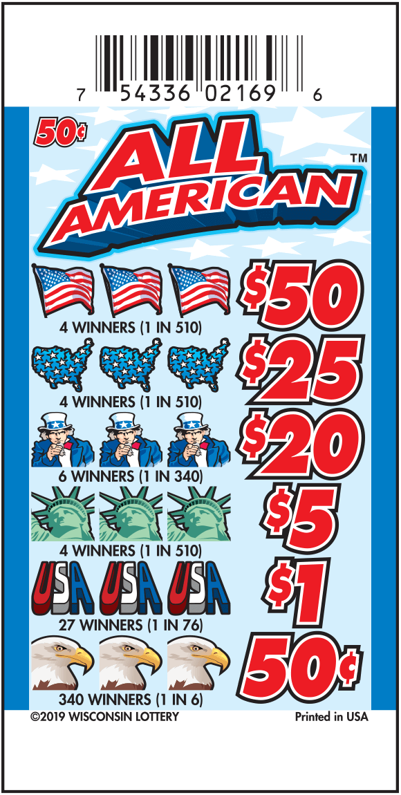 All American Pull-Tab red, white and blue game with patriotic icons flags, blue USA map, uncle sam, statue of liberty and eagle on All American pull-taab from Wisconsin Lottery