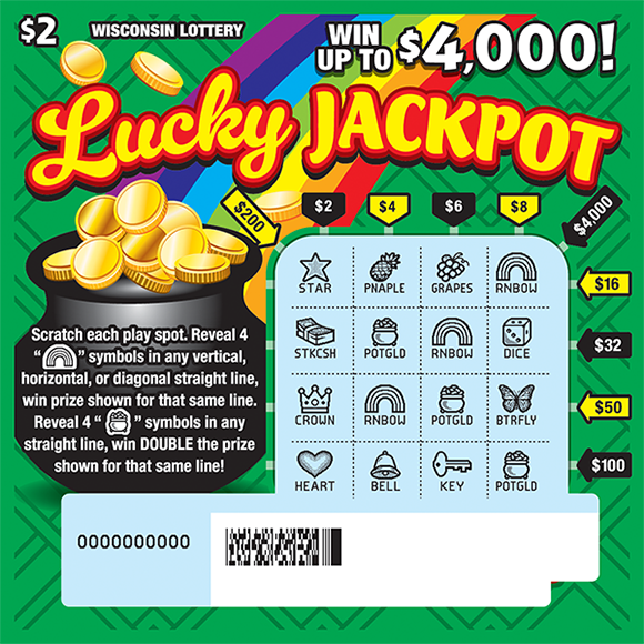green background with rainbow streak leading to a pot of gold scratched to reveal symbols and prize amounts in play area on scratch ticket from wisconsin lottery