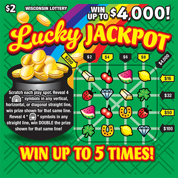 green background with rainbow streak leading to a pot of gold with red and yellow text and play area with fruit and other symbols on scratch ticket from wisconsin lottery