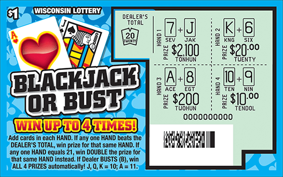 blue background with light blue card symbols in repeating pattern scratched to reveal card hands and dollar amounts in play area on scratch ticket from wisconsin lottery