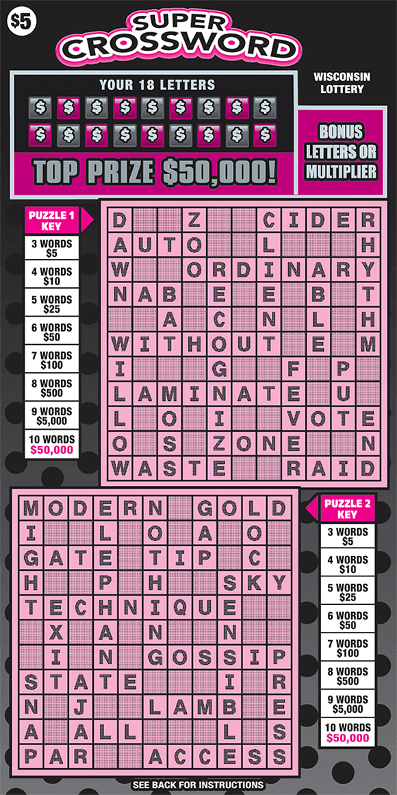 black polka dot background with magenta accents and dollar signs over squares in the your letters area with two pink crossword grids on scratch ticket from wisconsin lottery