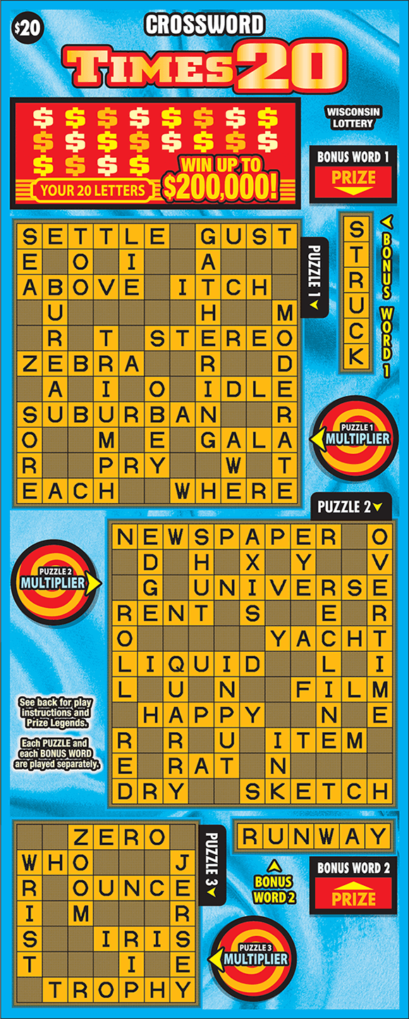 blue and light blue background with three brown and orange crossword puzzle grids on scratch ticket from wisconsin lottery