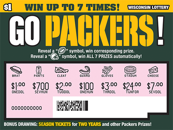 green and gold packers themed ticket scratched to reveal winning symbols and prize amounts in play area on scratch ticket from wisconsin lottery