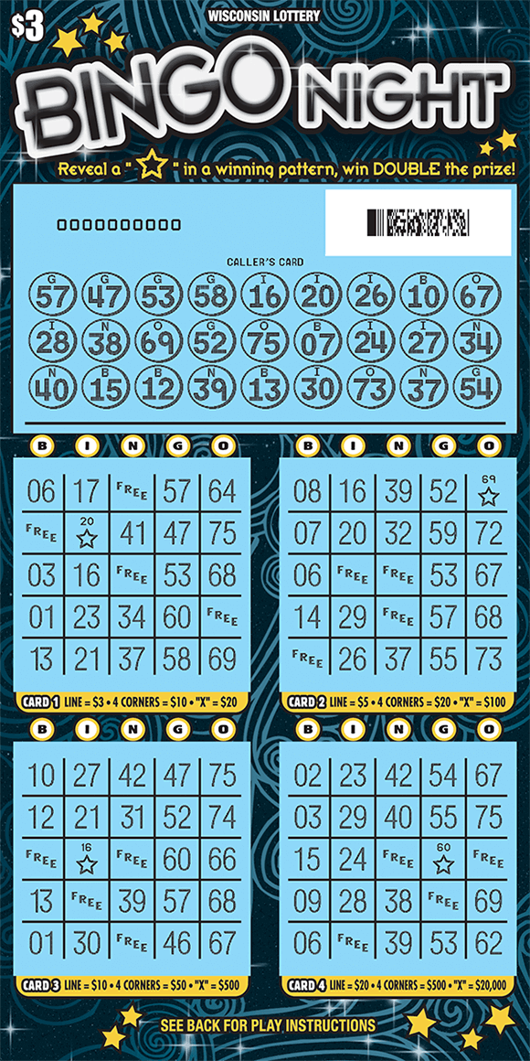 black background with lighter blue swirls scratched to reveal numbers and four scratched bingo grids on scratch ticket from wisconsin lottery
