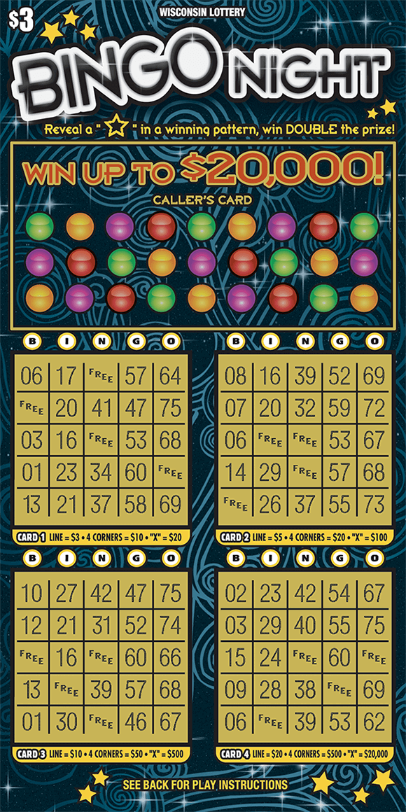 black background with lighter blue swirls and colorful bingo balls with four bingo cards on scratch game from wisconsin lottery