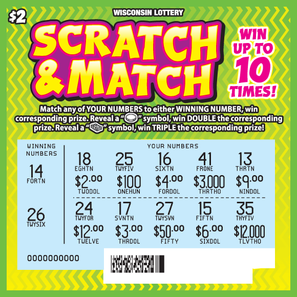 yellow and lime green squiggly lines with magenta stars and yellow dollar signs on Wisconsin Lottery scratch game