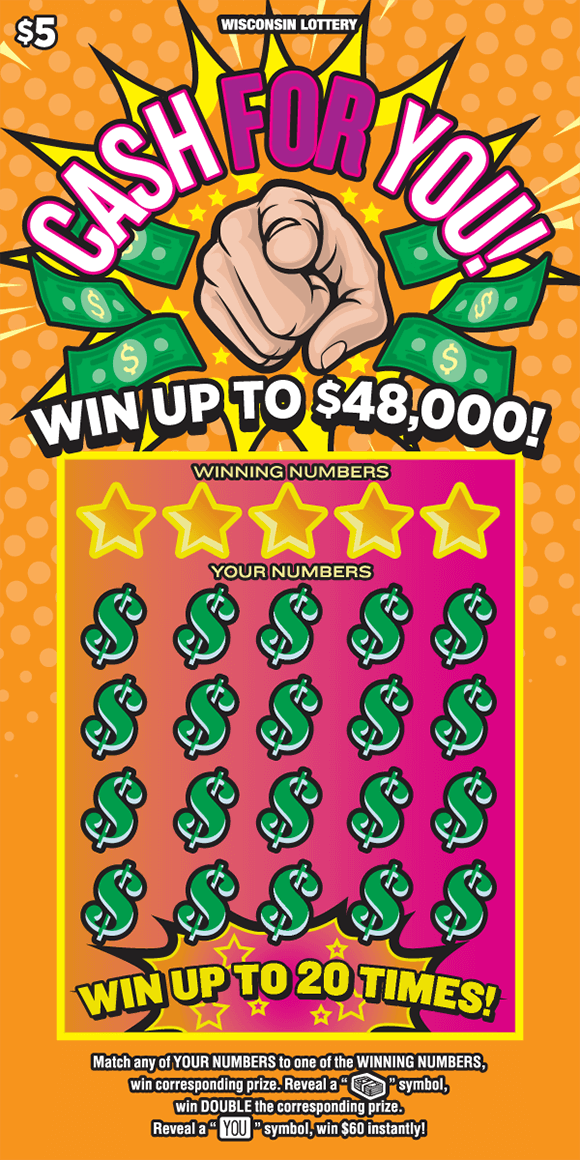 bold pop art style finger pointing towards you surrounded by bright green dollar bills and yellow stars on orange dotted background from Wisconsin Lottery