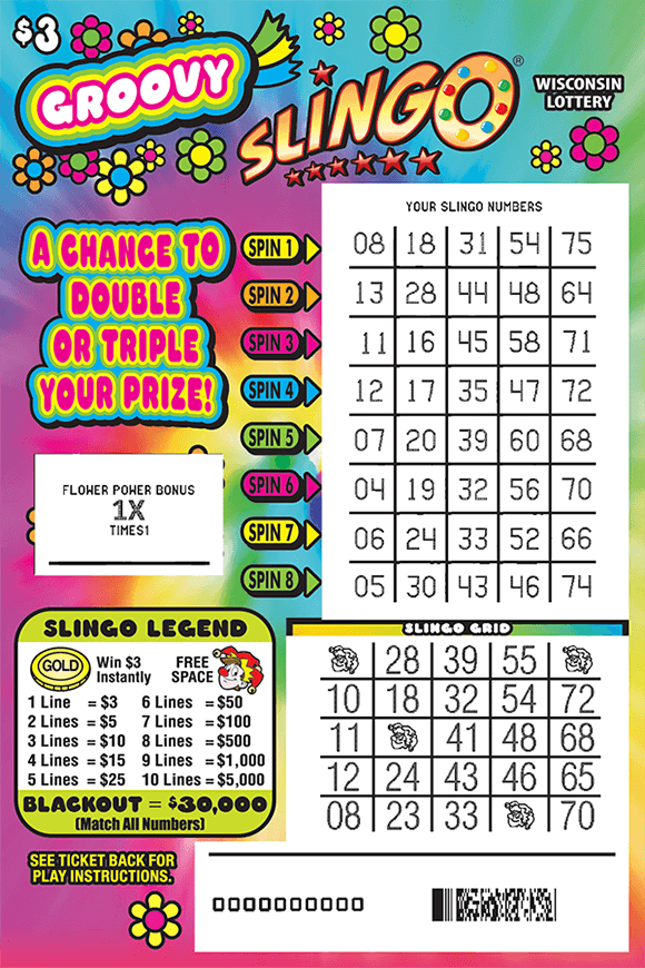 disco theme ticket with colorful tie dye background with peace signs and rainbows scratched to reveal numbers and grid on scratch ticket from wisconsin lottery
