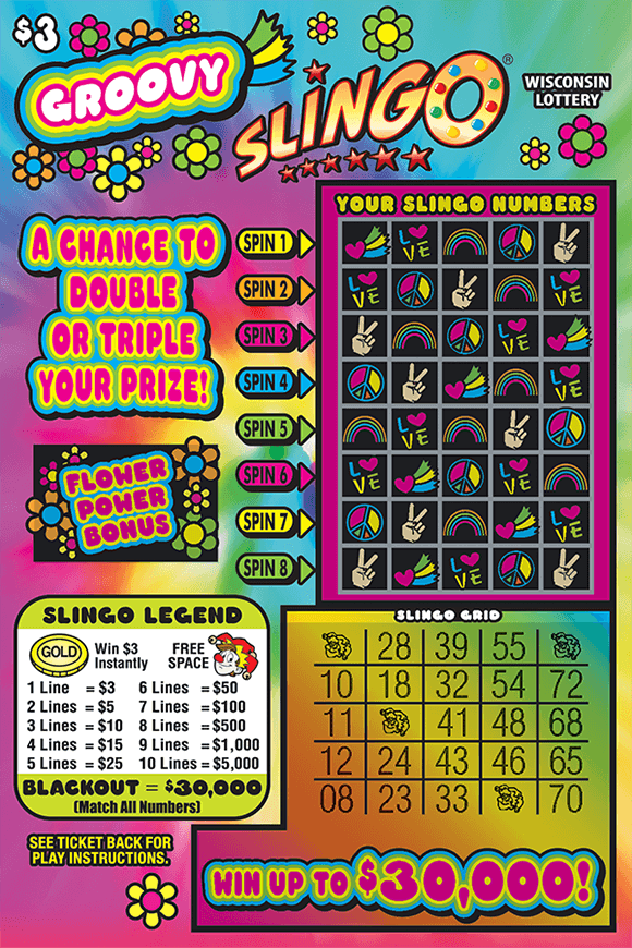 disco theme ticket with colorful tie dye background with peace signs and rainbows and flower bonus on scratch ticket from wisconsin lottery