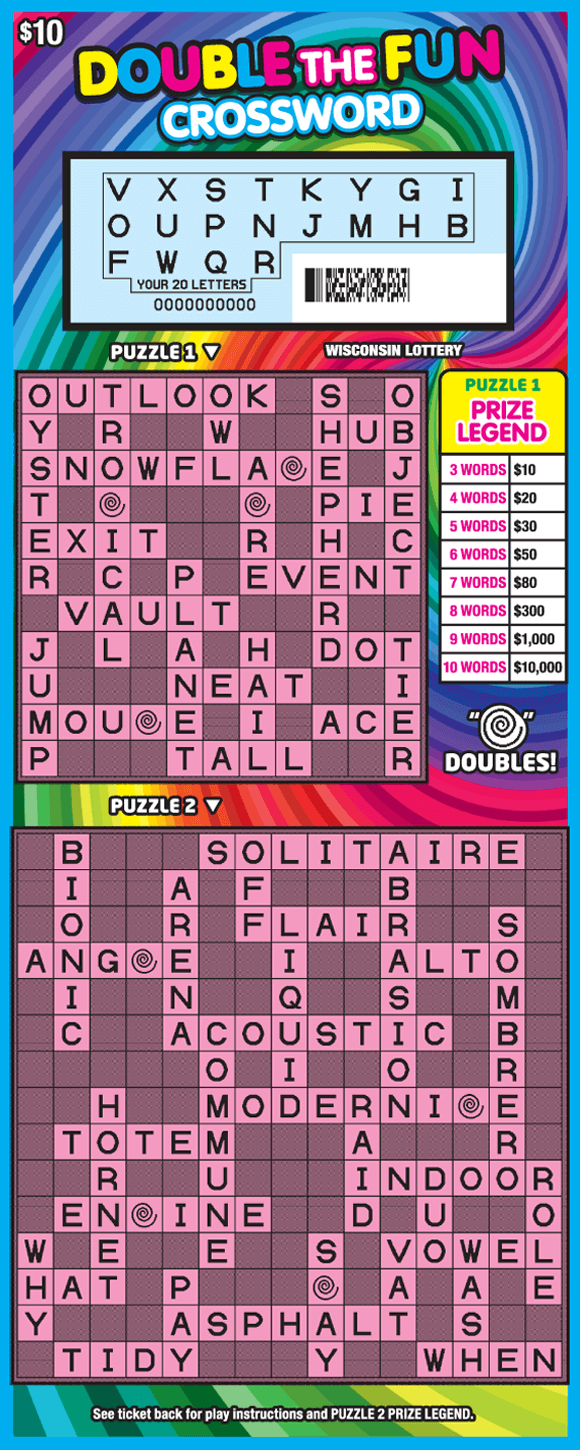 colorful swirl of bold and pastel rainbow colors with two pink crossword puzzles on Wisconsin Lottery scratch game