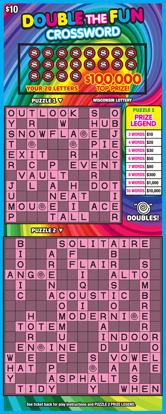 colorful swirl of bold and pastel rainbow colors with two pink crossword puzzles on Wisconsin Lottery scratch game