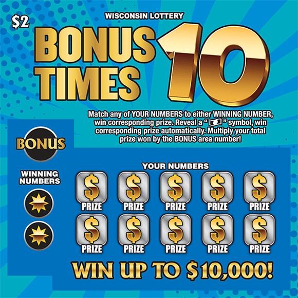 teal and blue background with shiny gold text with the game name bonus times 10 with gold dollar signs in play area on scratch ticket from wisconsin lottery