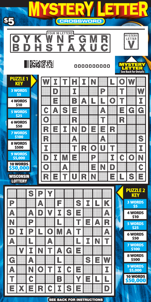 overlapping angled lines in various shades of blue with two blue crossword puzzles on Wisconsin Lottery scratch game