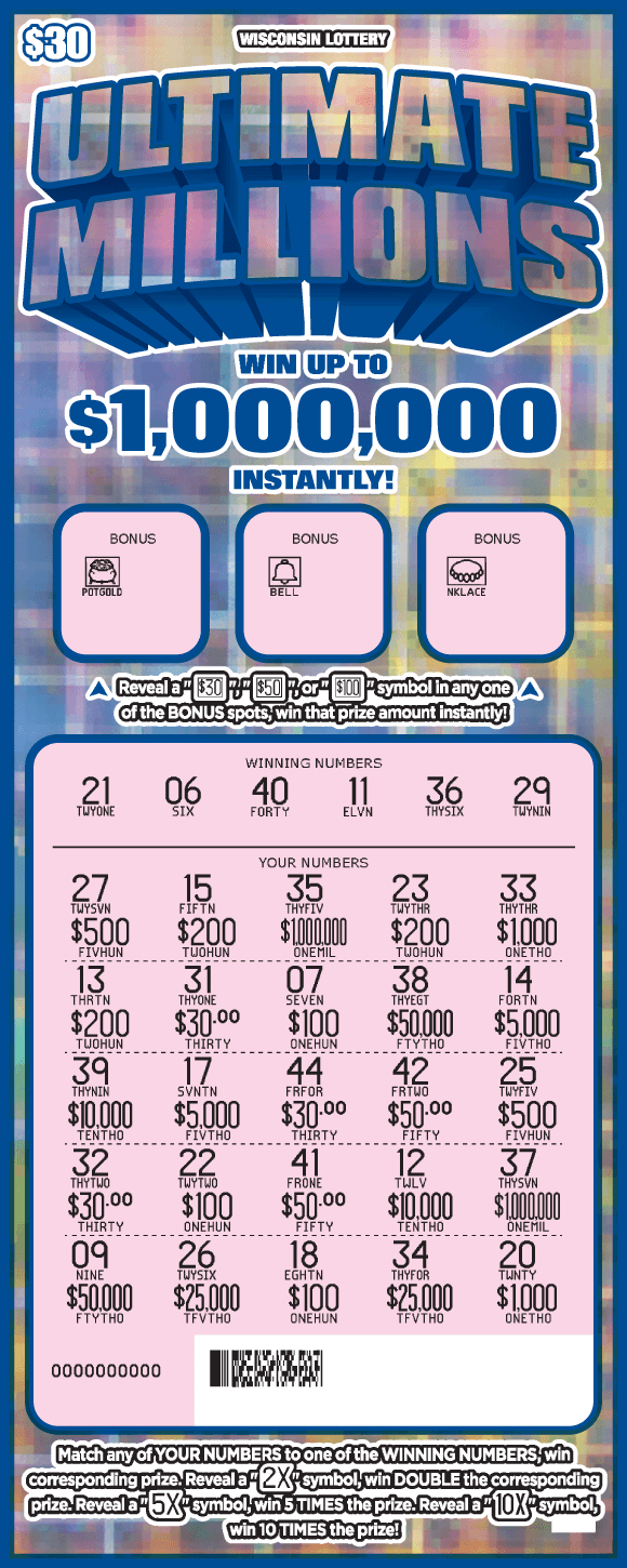 metallic silver reflective background showing pink scratched area on Wisconsin Lottery scratch game
