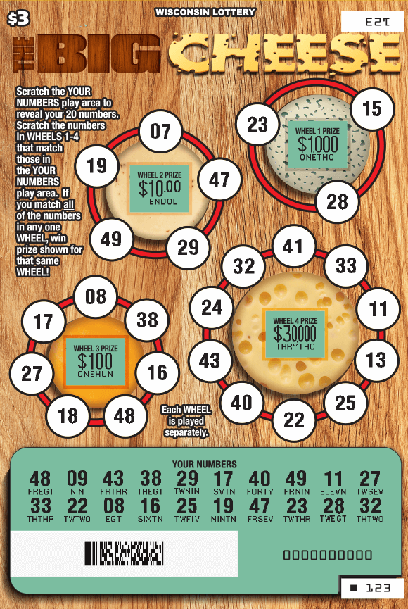 wooden board with four cheese wheels on red plates on The Big Cheese scratch game from Wisconsin Lottery