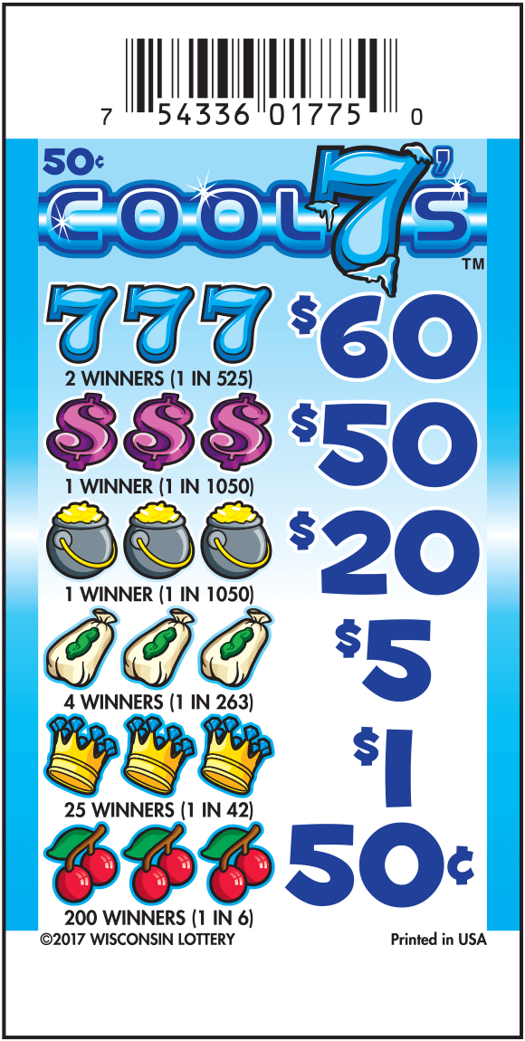 Cool 7's Pull-Tab blue gradient background with blue 7, pink dollar sign, pot of gold, bag of money, gold crown and cherry icons