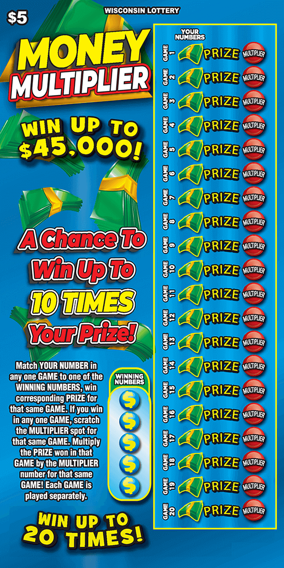 green stacks of money with gold bands falling on blue background on Wisconsin Lottery scratch game 