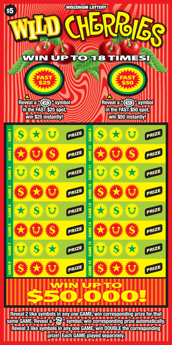 wavy red and pink lines with two sets of stemmed cherries with green leaves and yellow swirly text with green and red icons of dollar signs, stars and horse shoes on Wisconsin Lottery game