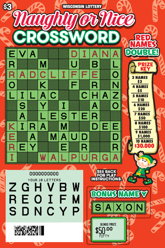scattered ight red candy canes on red background with green crossword and wrapped presents while elf holding up prize key scroll on Wisconsin Lottery ticket
