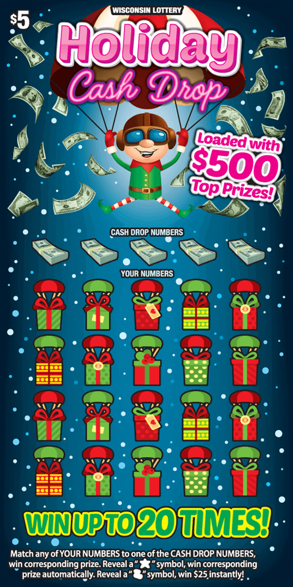 elf hanging onto red and white parachute wearing green shirt and red and white stripped socks surrounded by falling money on dark blue gradient ticket from Wisconsin Lottery
