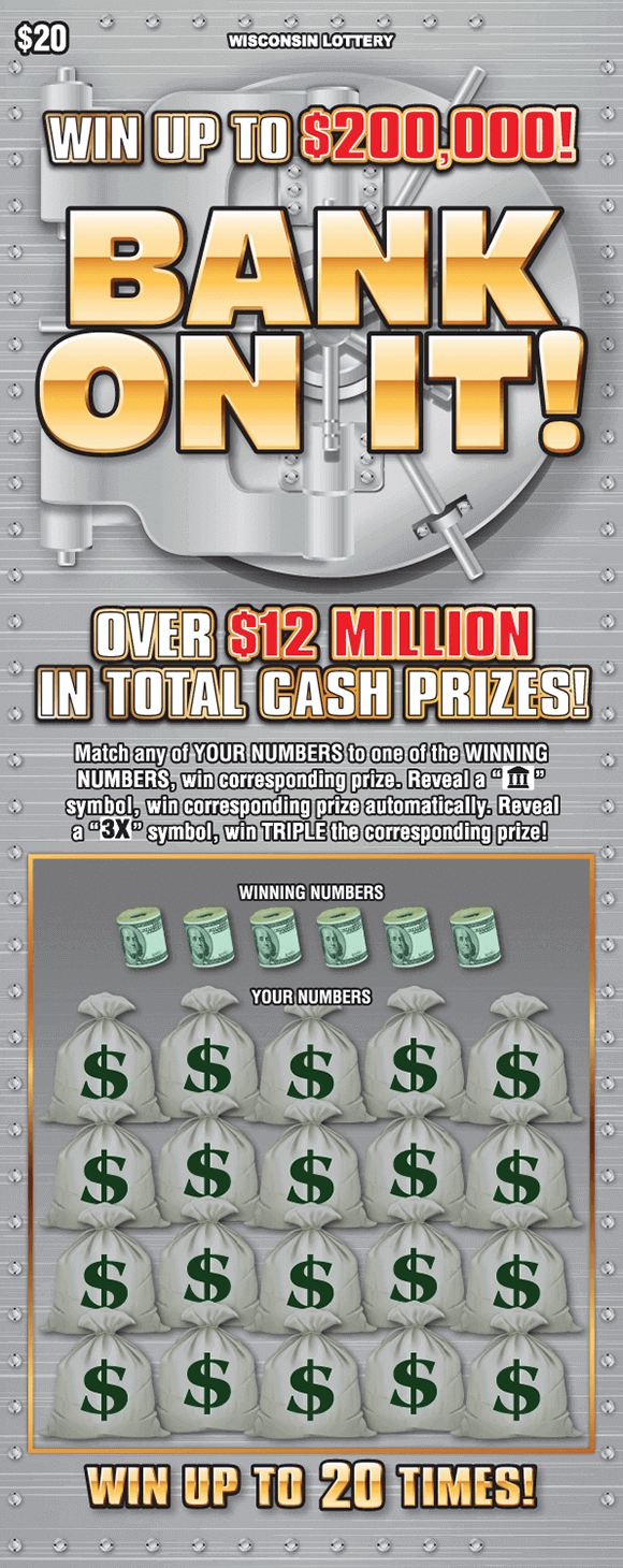 heavy duty silver bank vault door with bags of money and rolled dollars on Wisconsin Lottery scratch game