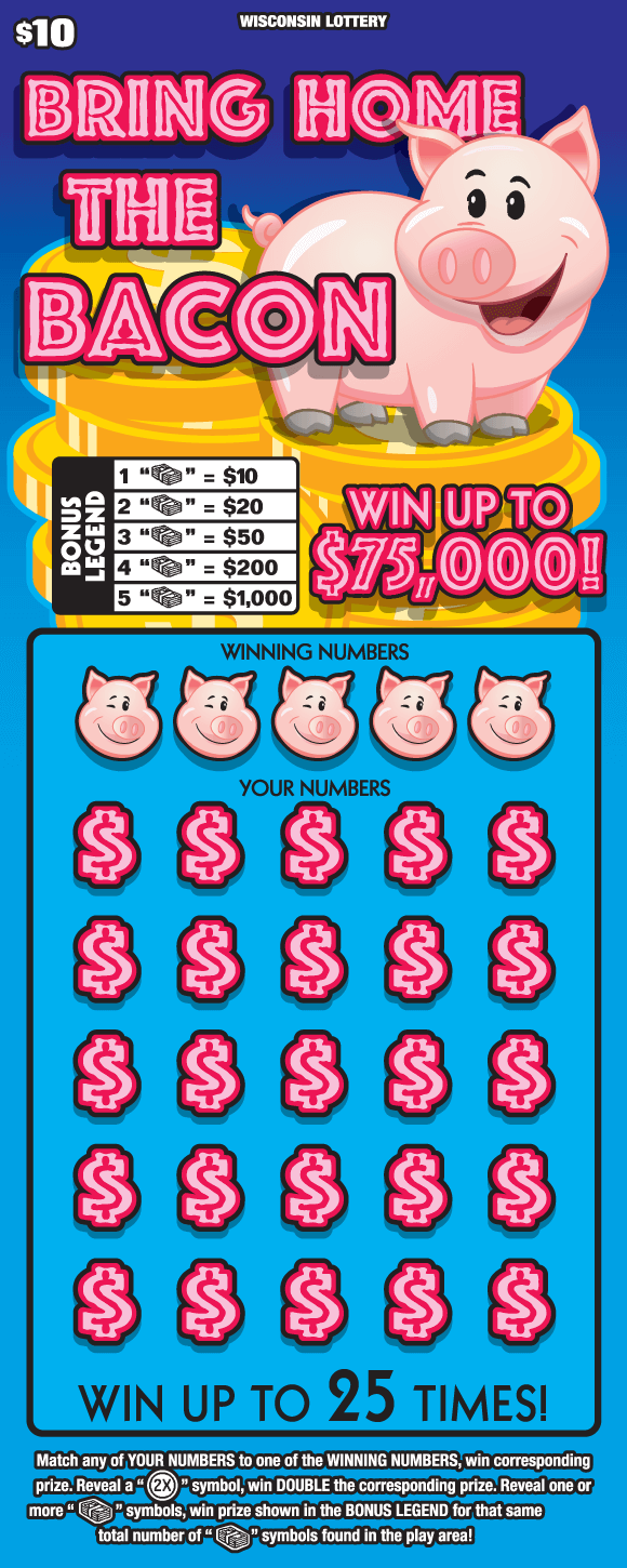 winking pink pig standing on stack of gold coins with pink dollar signs that look like bacon on blue gradient background on Wisconsin Lottery ticket
