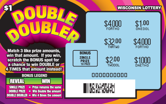 circular swirls of bright pink, orange, magenta and purple with bold yellow lettering in and dollar symbols on Wisconsin Lottery scratch game