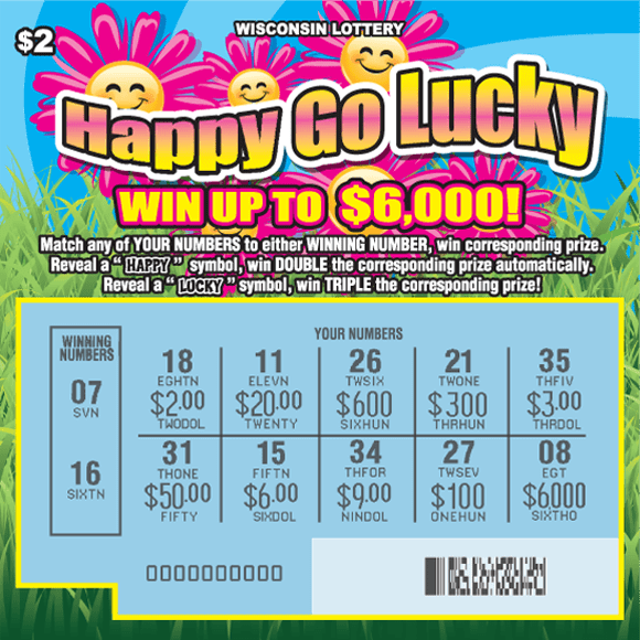 bright green grass with blue skies and bold pink flowers with yellow smiling faces surrounding wavy type on the Wisconsin Lottery game