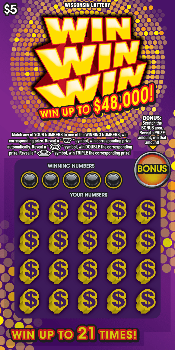 orange and yellow dot in various shades in circular pattern with purple dollar signs outlined in yellow on bright purple background on Wisconsin Lottery game