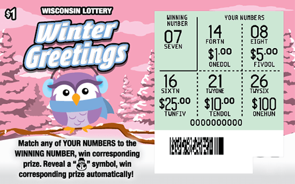 pink owl wearing blue scarf and earmuffs sitting on a snow covered branch in snow covered forest with pastel green pine trees with dollar sign and snowflake icons on Wisconsin Lottery game