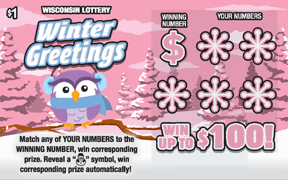 pink owl wearing blue scarf and earmuffs sitting on a snow covered branch in snow covered forest with pastel green pine trees with dollar sign and snowflake icons on Wisconsin Lottery game