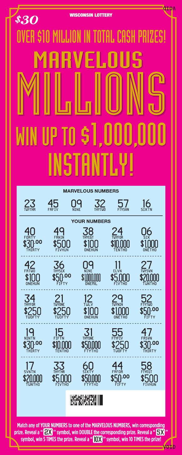 art deco style gold writing on bright pink background with dollar signs in squares on Wisconsin Lottery scratch game