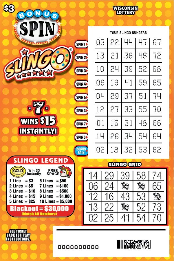 orange and yellow dot in various shades in grid pattern with cherry, bell, watermelon, lemon, orange and grape icons on bright orange background on Wisconsin Lottery game