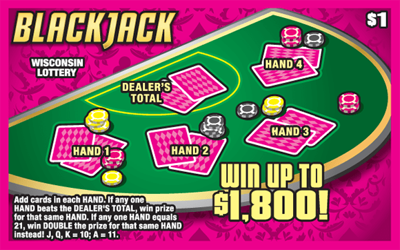 green blackjack table with pink playing cards and stacks of yellow, pink and grey poker chips with dark magenta flourishes on pick background on Wisconsin Lottery scratch game