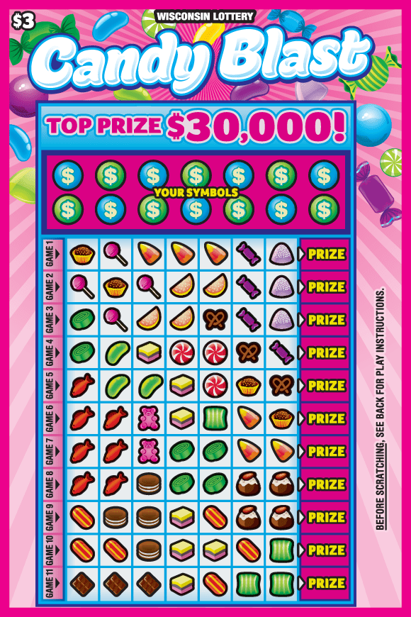 alternating light and bright pink starburst with bold colored purple, green and yellow wrapped candy with icons of assorted candies on Wisconsin Lottery scratch game