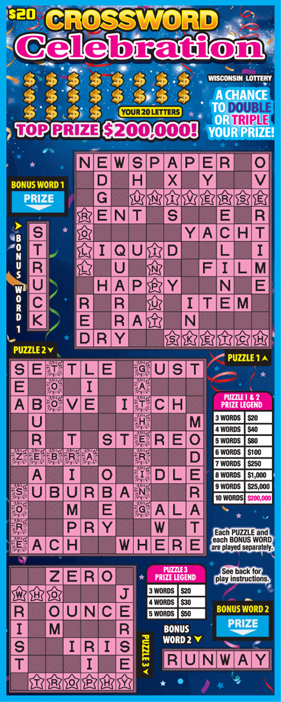 colorful confetti and streamers on bold blue background with three pink crossword boards on Wisconsin Lottery game