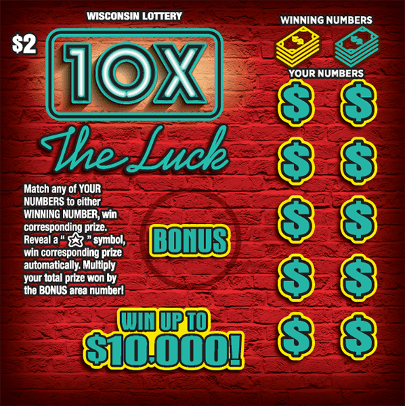 red spotlight shining on brick wall with seafoam green art deco script and chunky bold dollar sign symbols on Wisconsin Lottery scratch game